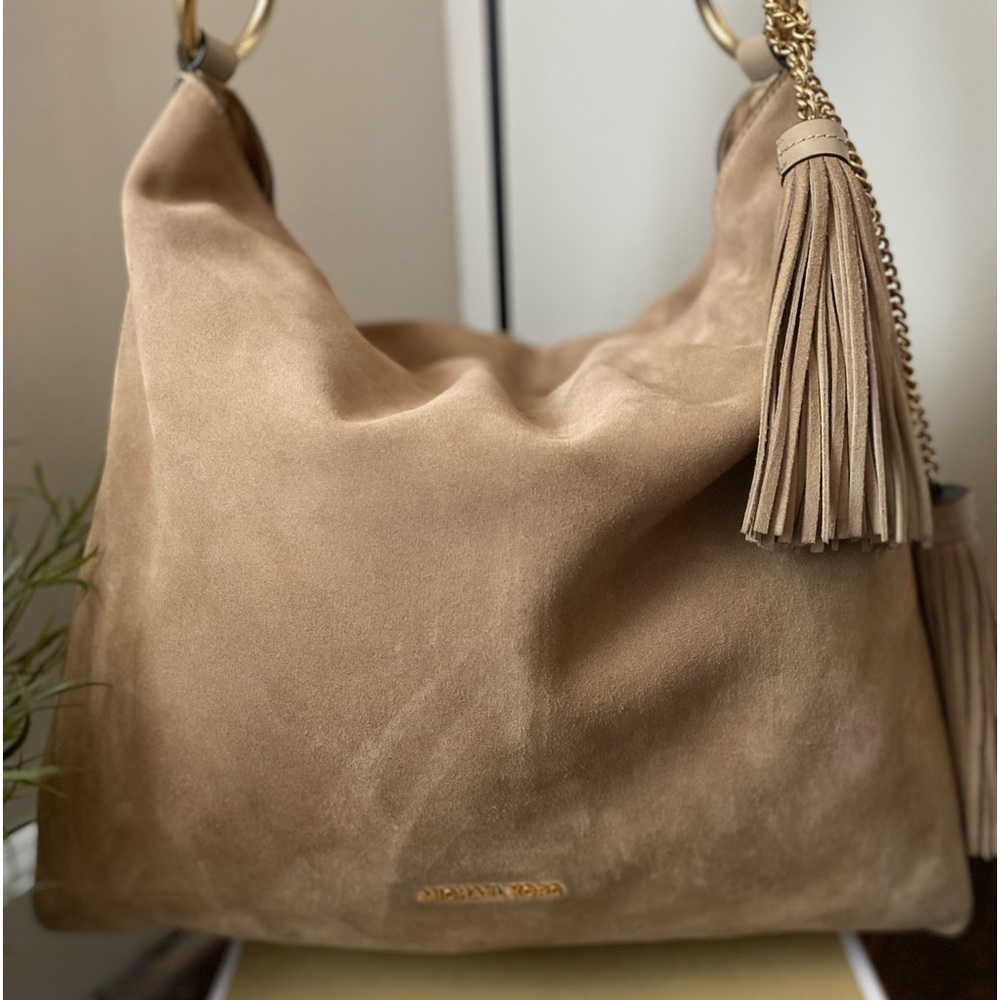Michael Kors camel tan suede hobo shoulder bag